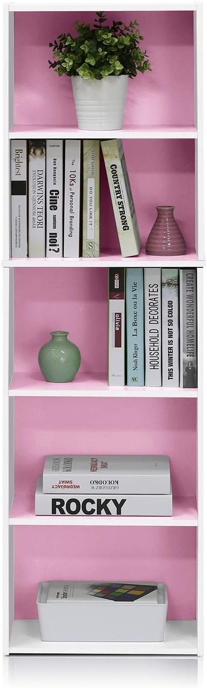 Furinno LUDER Book Shelf, 5-Tier Bookshelf, Bookcase with Open Shelves, 9.4 x 15.8 x 52, Easy Assembly, for Living Room, Bedroom, Home Office, White/Pink