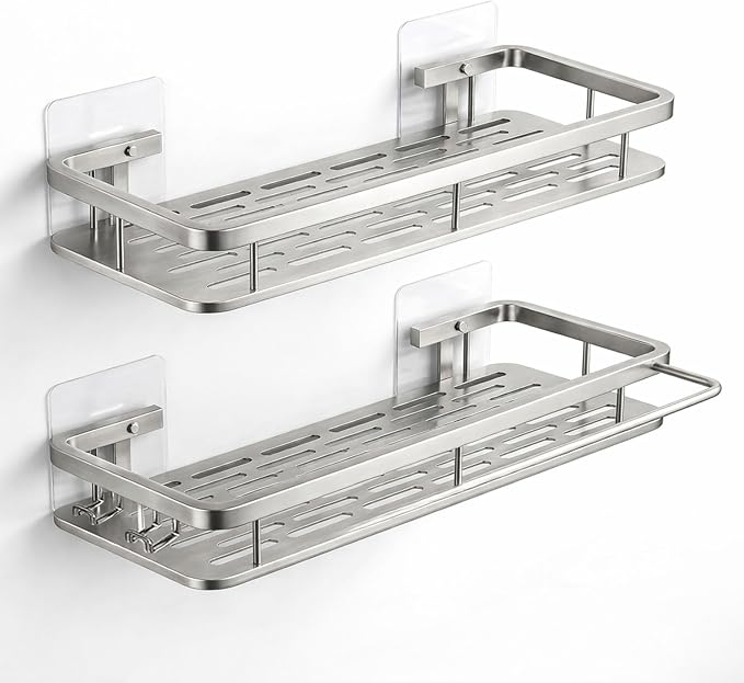EVALAND Self Adhesive Shower Caddy Organizer 2-Pack No-Drill Storage | Hooks and Rod for Towels, Shower Shelves for Inside Shower, Bathtub Shelf, Rustproof, Rack, Easy Installation, Sturdy