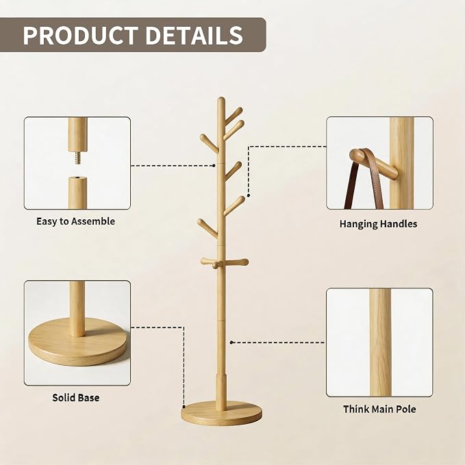Solid Wood Coat Rack Freestanding with 9 Hooks - Wooden Coat Rack Stand for Entryway, Bedroom, Living Room, Hallway for Coats, Handbags, Hat (Natural)