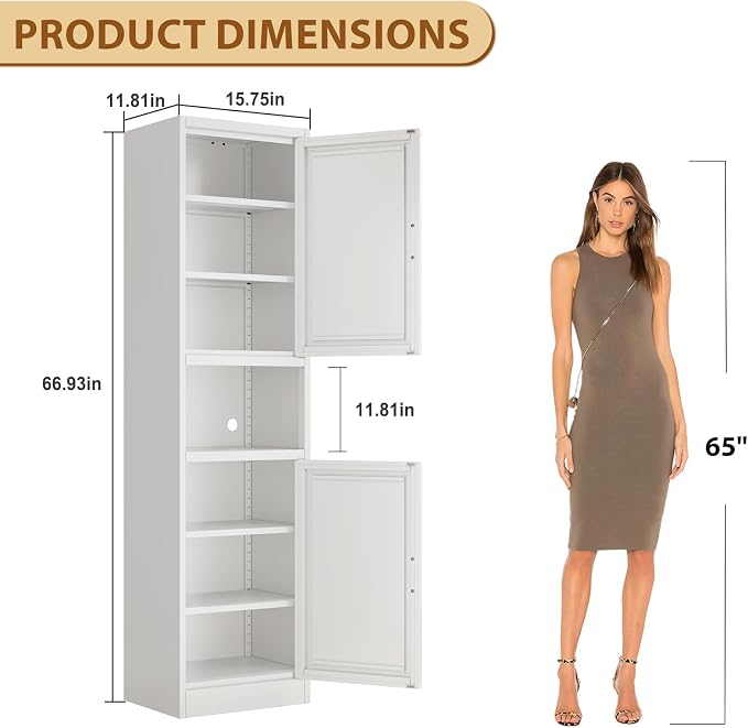 Tall Metal Narrow Bathroom Storage Cabinet 67" H, Tall White Pantry Cabinets with 4 Adjustable Shelves and 2 Doors for Kitchen, Home Office, Living Room, Dining Room(16 inches Wide)