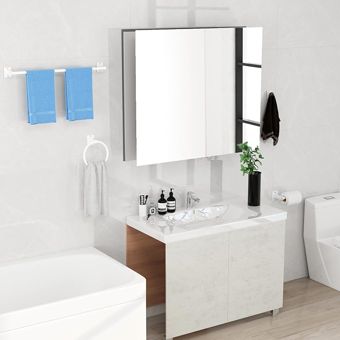 KLJKPA Bathroom Accessories Set, 4-Piece White Bathroom Hardware Set | 24 inch Towel Bar, Towel Racks for Bathroom, Robe Towel Hooks, Toilet Paper Holder Wall Mounted