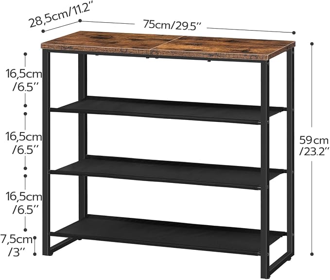 HOOBRO Shoe Rack, 4 Tier Shoe Storage Organizer with 3 Oxford Fabric Shelves and Top Panel, Holds 12-16 Pairs of Shoes for Entryway and Closet, Industrial, Rustic Brown BF47XJ01G1