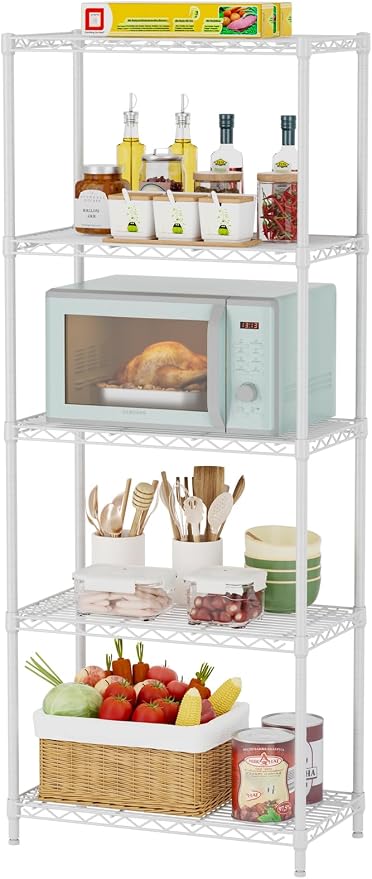 SINGAYE 5 Metal Shelves Wire Shelving Storage Shelf Adjustable Unit Pantry | 5 Tier Kitchen Laundry Room Organization Home Pantry Closet Bathroom Organizers Garage Rack 12" D x 22" W x 59" H White