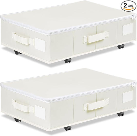 Vincona Under Bed Storage with Wheels, Rolling Under Bed Storage Containers with Label Holders for Clothes, Shoes and Blankets, Underbed Storage Organizer with Cover, 2 Pack Beige (23.6x15.7x7.28 in)