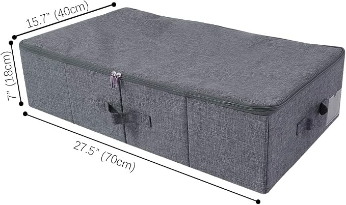 Folding Fabric Rigid Under Bed Closet Storage Bins with Zip Lid,Black Gray | Under bed Storage Boxes for Bedding/ Clothes/ Duvets/ Blankets/ Shoes, Hard Plastic Boards inside, 4 Handles, Washable