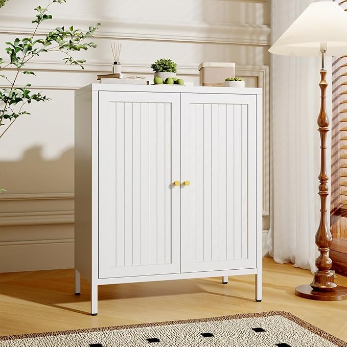 Metal Accent Storage Cabinet for Home, LivingRoom, Office,Kitchen- Metal Locker Cabinet with 1 Adjustable Shelves-Bathroom Floor Storage Cabinet Freestanding Organizer(Stripe Door, White)