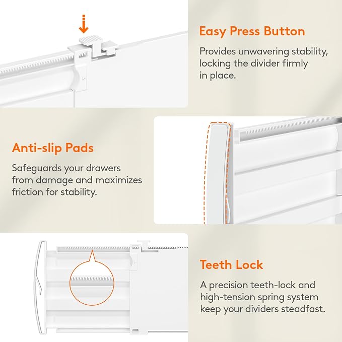 Lifewit 4 Pack 5" High Drawer Dividers for Clothes, 11.5"-18.5" Expandable Dresser Drawer Organizers, Adjustable White Plastic Separators for Kitchen, Cabinet, Nursery, Socks & Underwear Storage