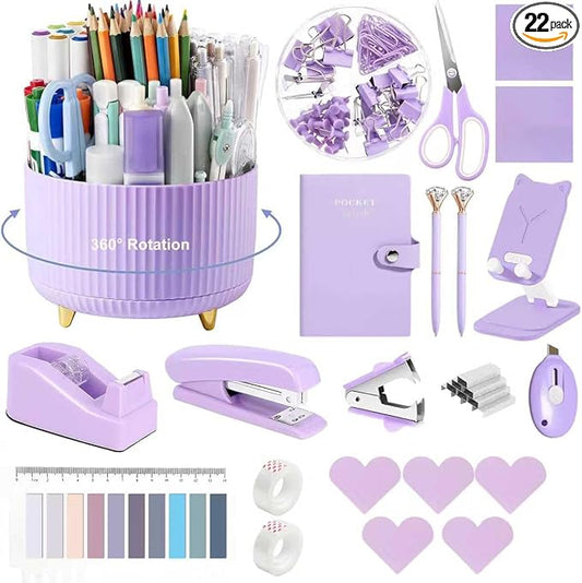 Office Supplies,Purple Desk Accessories,Desk Organizer,Stapler,Tape Dispenser,Folding Phone Stand,Scissors,Notebook,Staple Remover,Staples,Clear Tape,Sticky Notes,Clips,Cool Pen,Bookmark,Ect.22pcs