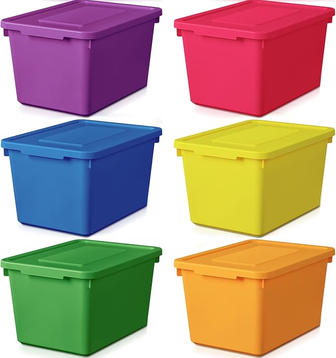 Potchen 6 Pack Small Stackable Storage Bins with Lids Plastic Storage Boxes for Classroom 9.8" ×7.3" ×5.7" Decorative Organizer Bins for Craft Art Office Teacher Supplies (Colorful)