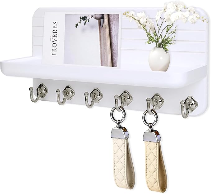 Key Holder for Wall, Mail Organizer Wall Mount with 6 Hooks Wooden Hanging Key Rack for Home Decor, Hallway, Entryway (White)