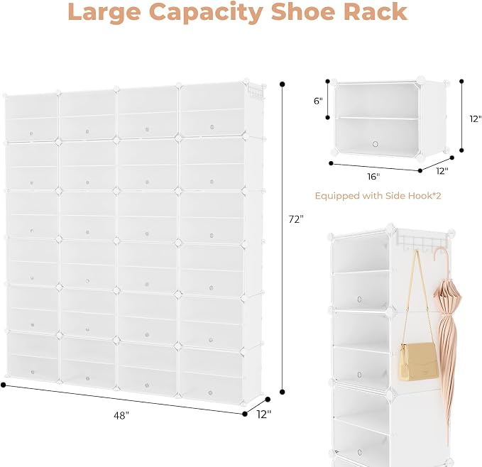 Shoe Rack Organizer 12 Tier Shoe Storage Cabinet with Door 96 Pair Tall Shoes Rack Expandable Free Standing Sturdy Plastic Easy Assembly Shoes Shelf for Closet Entryway Bedroom Hallway White