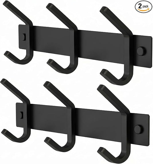 Coat Rack Wall Mount – 9 Inch Stainless Steel Hook Rail with 3 Double Coat Hooks for Hanging – Wall Mounted Entryway Organizer for Coats, Hats, Bags, Towels, Robes, Closet or Bathroom - Black 2 Pack