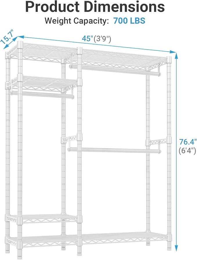 VIPEK V2 Heavy Duty Clothes Rack, Metal Closet Rack Organizer, White | Garment Racks with 4 Tiers Wire Shelving 3 Hanging Rods, Compact Freestanding Closet Metal Closet Rack, Max Load 700LBS