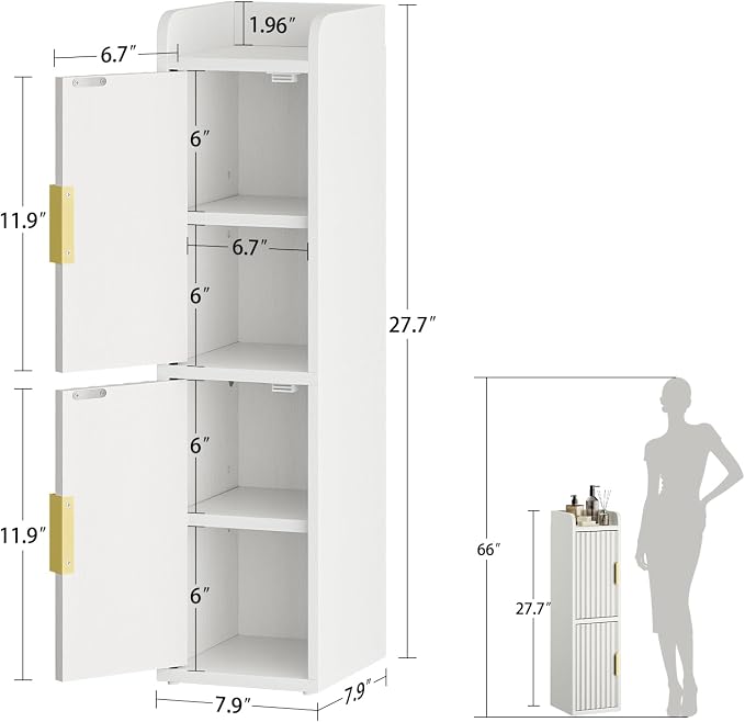Yoobure Small Bathroom Storage Cabinet - Corner Floor Cabinet with 2 Doors & Adjustable Shelves, Narrow Slim Toilet Paper Cabinets, Skinny Bathroom Organizer for Small Space, 7.9" D x 7.9" W, White