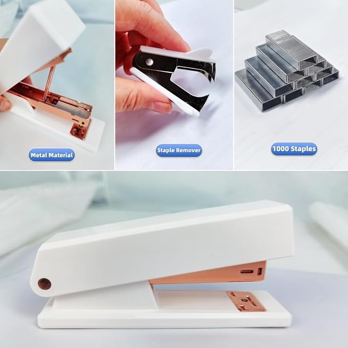 Ovatt White Desk Organizer Set - 15-Piece Office Supplies with 360° Rotating Pen Holder, Stapler, Tape Dispenser & Clips for Home Office