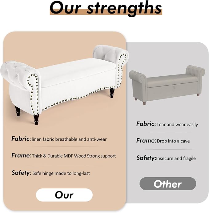 Storage Ottoman Bench, 51" Upholstered Bench & Ottoman with Safety Hinge, Tufted Bed Bench with Rolled Arm and Nailhead Trim, End of Bed Storage Bench for Bedroom, Living Room, Entryway White
