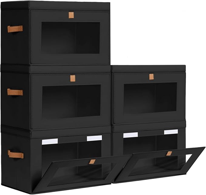 Homsorout Large Closet Storage Bins - Collapsible Clothes Organizer with Handles & Window, Decorative Boxes with Lids, Linen Closet Organizers for Living Room, Dorm, 5 Pack, Black