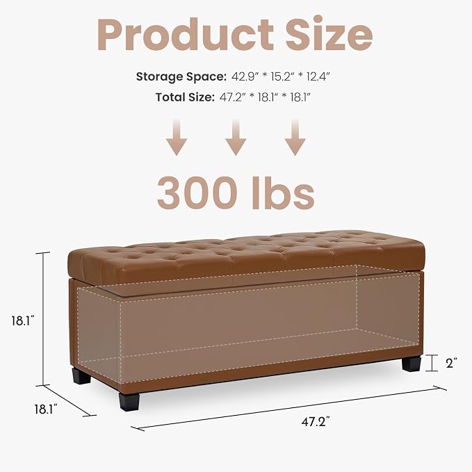 Living&Giving Leather Storage Ottoman Bench for Bedroom, 47.2", Brown | 47.2-inch leather storage ottoman with safety hinge, tufted seat and spacious hidden storage for everyday organization.