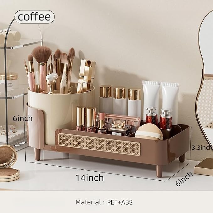 Booklov Rotating Makeup Organizer for Vanity Countertop, Coffee | Plastic Cosmetic Display Case, Large Beauty Brush Holder for Bathroom Counter, Skin Care Perfumes Storage