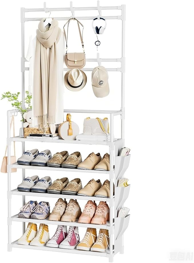Shoe Rack 5 Tier Shoe Organizer Storage 15-20 Pairs for Closet Entrance | Stackable & Detachable Shelf with Hooks and Side Pocket Entryway Shoe Holder Space Saving Closet Organizers and Storage