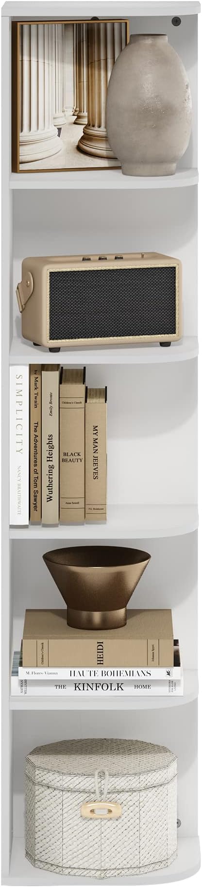 Furinno PASIR Book Shelf, 5-Tier Corner Bookshelf with Open Shelf, Standing Bookcase, 9.3 x 12 x 51.7, for Organization and Storage, for Living Room, Bedroom, Home Office, White