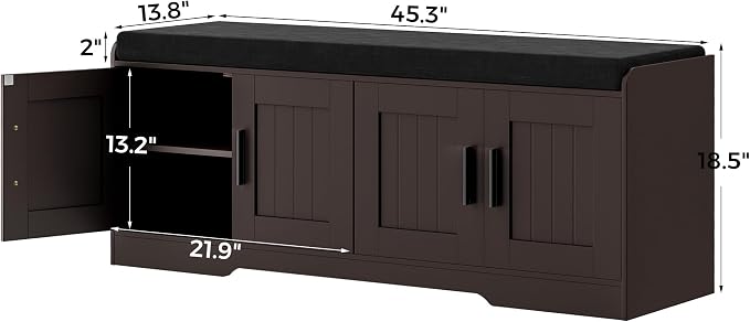 Homleke Shoe Storage Bench, 4 Doors & Thickened Padded Seat Cushion | 2-Tier Shoe Bench, Entryway Bench, Adjustable Shelf, 13.8" D x 45.3" W x 18.5" H, for Living Room, Bedroom, Brown