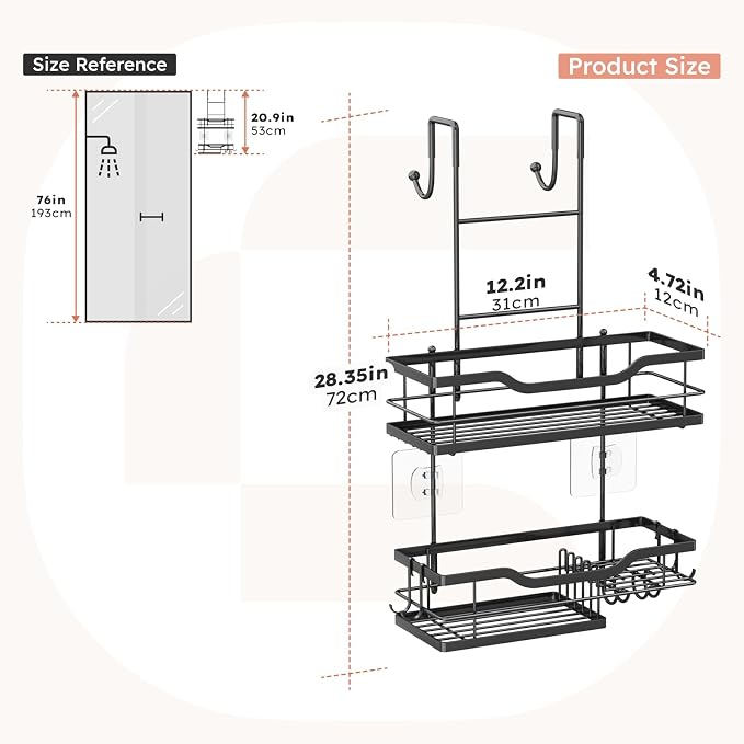 Consumest Over Door Shower Caddy - 2 Tier Shower Shelves Hanging with Soap Holders, Large Capacity Shower Organizer with 4 Hooks, Bathroom Rack and Storage, Black