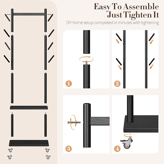 Yoobure Solid Wood Coat Rack Freestanding - Rolling Clothes Rack with 8 Hooks & Shelves, Small Clothing Rack with Wheels, Heavy Duty Clothing Racks for Hanging Clothes, Portable Hall Tree for Entryway