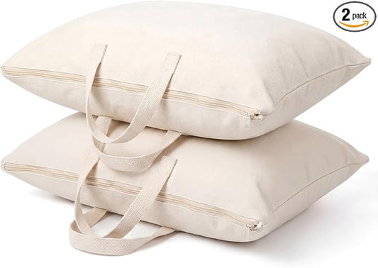 2 Pack Travel Pillow and Blanket Bags, 100% Cotton Canvas Pillow Storage Bag with Handles for Airplane Home, Heavy Duty Breathable Organizer for Bedding Linens, Pillow Bag for Traveling(2,20"x30")
