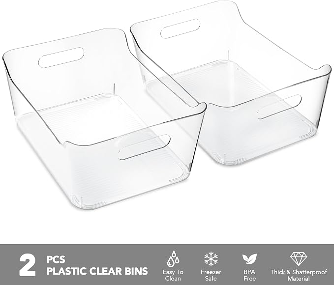 Tiawudi 2 Pack Plastic Storage Bins, Extra Large Pantry Organizer, 13.5" x 10" Clear Storage Containers and Organizer Bins, Multi-Use Bins for Home, Kitchen, Closet and Cabinet