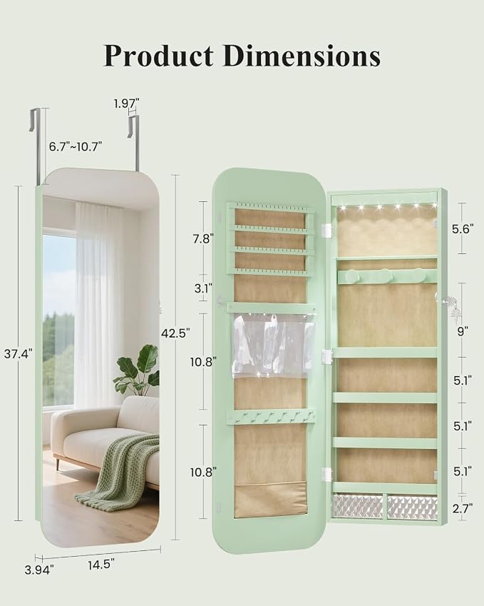 6 LEDs Mirror Jewelry Cabinet Door Hanging, 42.5", Lockable, Green | Jewelry Organizer with Full Length Mirror, Wall Mounted Large Jewelry Storage for Earrings, Rings, Necklaces