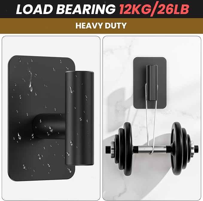 Heavy Duty Adhesive Hooks - 26lb Max, Sticky Wall Hooks Waterproof Stainless Steel for Hanging Towel, Coat, Robe, Towel Hooks Stick on Bathroom, Kitchen, Shower, Door (Black, 2 Pack)