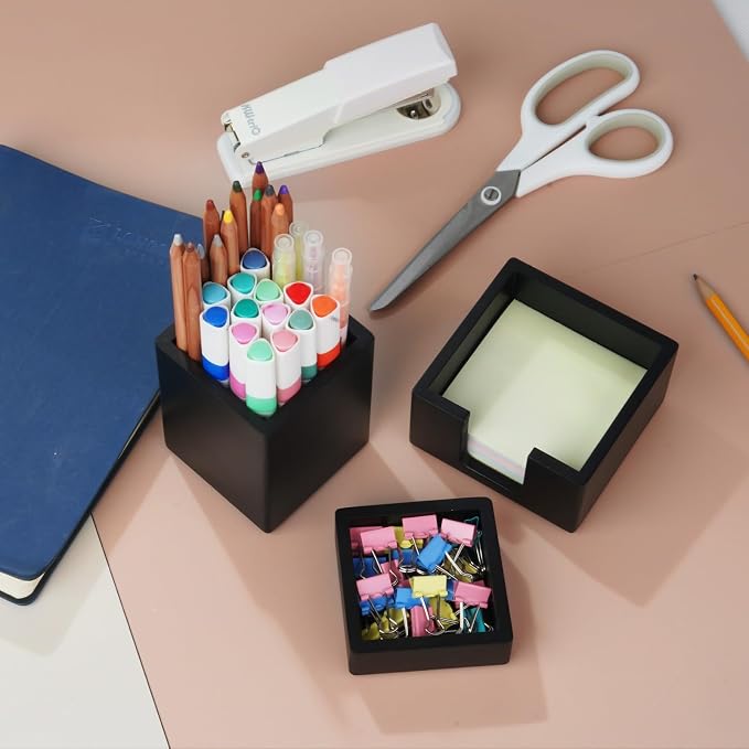 RAWILL 3 PCS Black Wooden Desk Organizer Set Pine Wood Office Desk Accessories with Pen Holder, Paperclip Storage and Sticky Note Holder, Wood Grain Clear, Ideal Gift for Office and Family (Black)