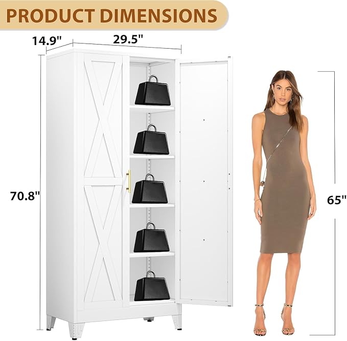 71" Metal Storage Cabinet with 2 Doors and 4 Adjustable Shelves,White Farmhouse Kitchen Pantry Cabinet,Steel Garage Tool Cabinet,File Cabinetfor Home,Office,Dinning Living Room,Warehouse