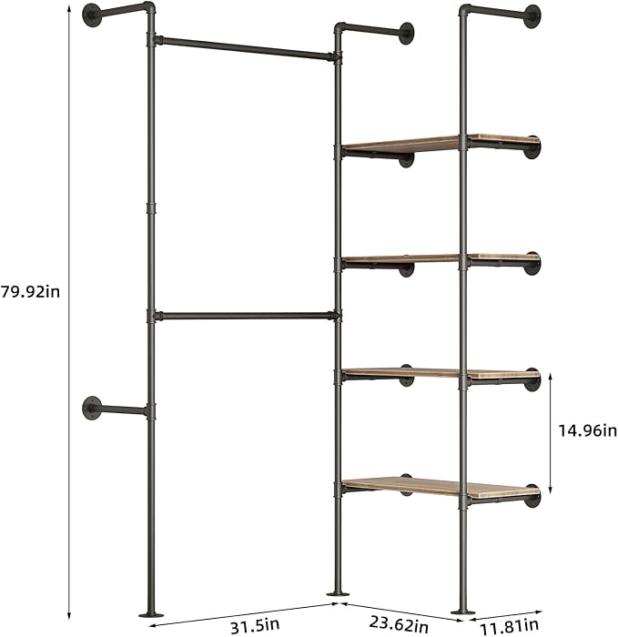 Industrial Pipe Clothing Rack | Hanging Rods Clothes Rack with Shelves, Clothes Rack for Wardrobe, Corner Closet System for Walk in Closets