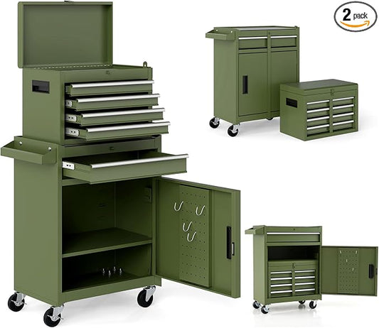 Goplus Tool Chest, 5 Drawers Rolling Tool Cabinet with Detachable Top Toolbox, Universal Lockable Wheels, Lock Bar, Protective Liner & Tool Rack, Metal Tool Storage Cart, Tool Box for Garage Workshop