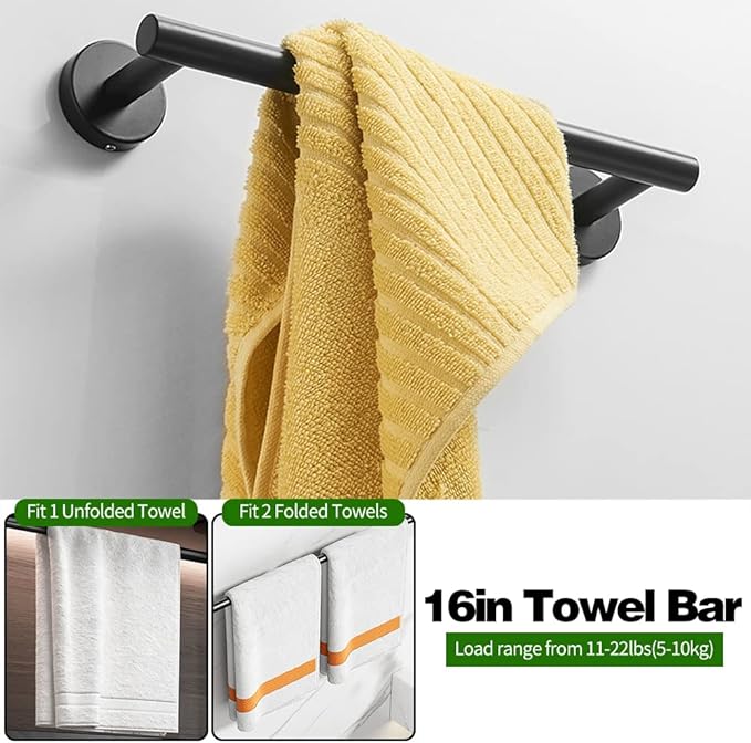 10pcs Matte Black Bathroom Hardware Set | Including 16" Hand Towel Bars, Toilet Paper Holders, Towel Rings, Towel Hooks