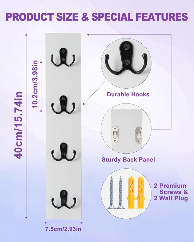 UCEC Space-Saving Wooden Vertical Key Holder for Wall with Hooks for Door | Small White Wooden Key Holder for Entryway, Front Door or Garage, Holds Keys, Wallets & Leashes, Space-Saving Wall Mount