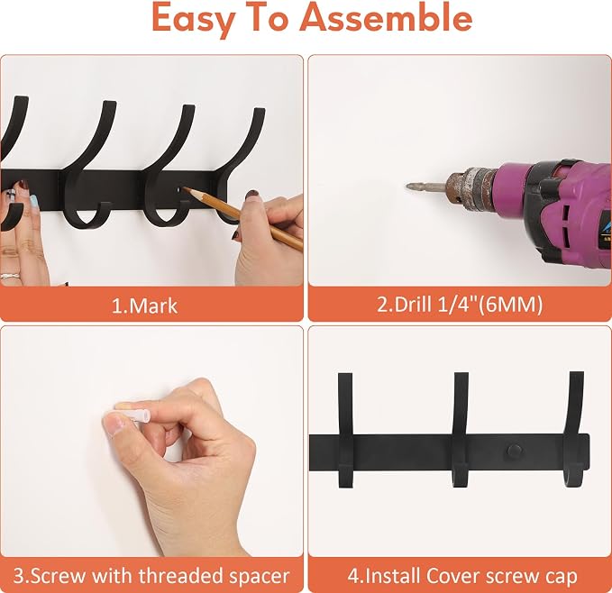 Optish Coat Rack Wall Mount, Coat Hook Wall Mount, Wall Hooks for Hanging, Hat Rack for Walls, Coats Hanger with 10 Hook, Towel Hooks for Bathrooms (1 Pack, Black)