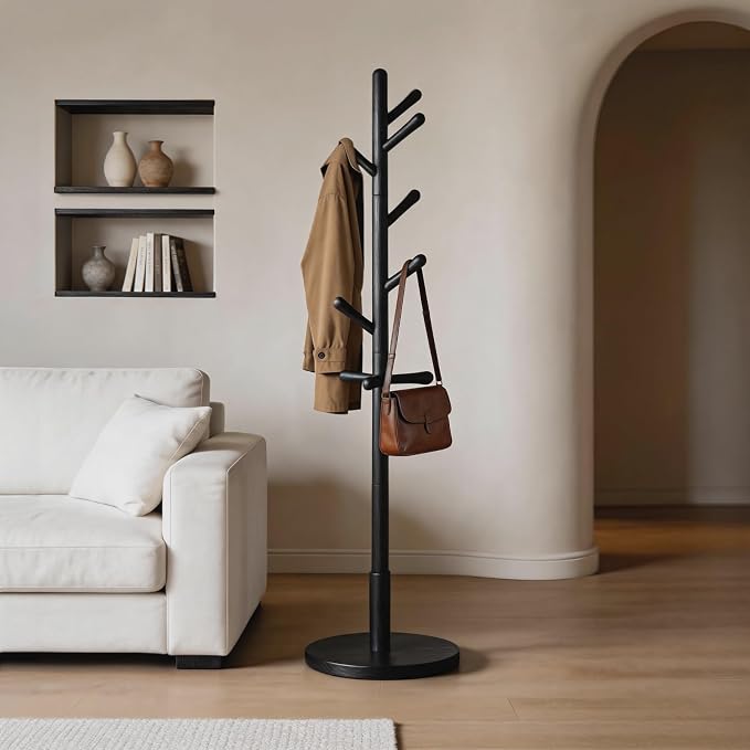 Solid Wood Coat Rack Freestanding with 9 Hooks - Wooden Coat Rack Stand for Entryway, Bedroom, Living Room, Hallway for Coats, Handbags, Hat(Black)