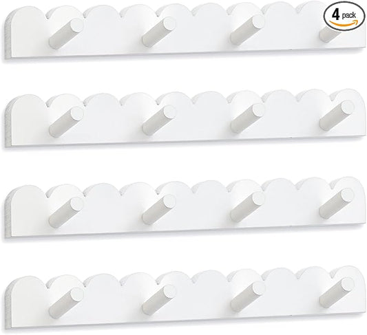 Leinuosen 4 Pack Scalloped Coat Rack Wall Mount Cute Nursery Wall Hook 16 Inch 16 Hooks Wood Backpack Hanger for Toddler Kids Clothes Hat Towel Keys Bathroom Classroom Playroom Nursery Decor
