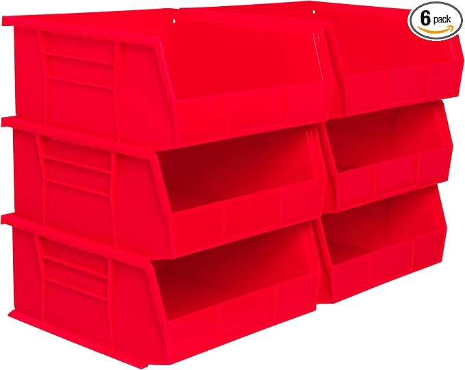 Akro-Mils 30235 AkroBins Plastic Storage Bins, 11"x11"x5", Red, 6-Pack | Space-Saving Stackable Bins for Garage, Pantry, Craft Organization