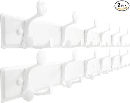 SKOLOO 18 Hooks Wall Mounted Coat Rack, 36 Inch Modern Coat Hanger for Entryway, Bathroom, Garage, Lightweight with 16 Inch Stud Spacing Design, Matte White(Pack of 2)