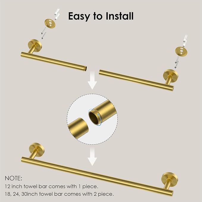 FORIOUS Towel Bar 24" Towel Racks for Bathroom Wall Mounted Brushed Gold | Total Length 26 Inch, Rustproof, Stainless Steel Towel Holder, Wall Mounted for Bathroom Bedroom, Heavy Duty, Space Saving