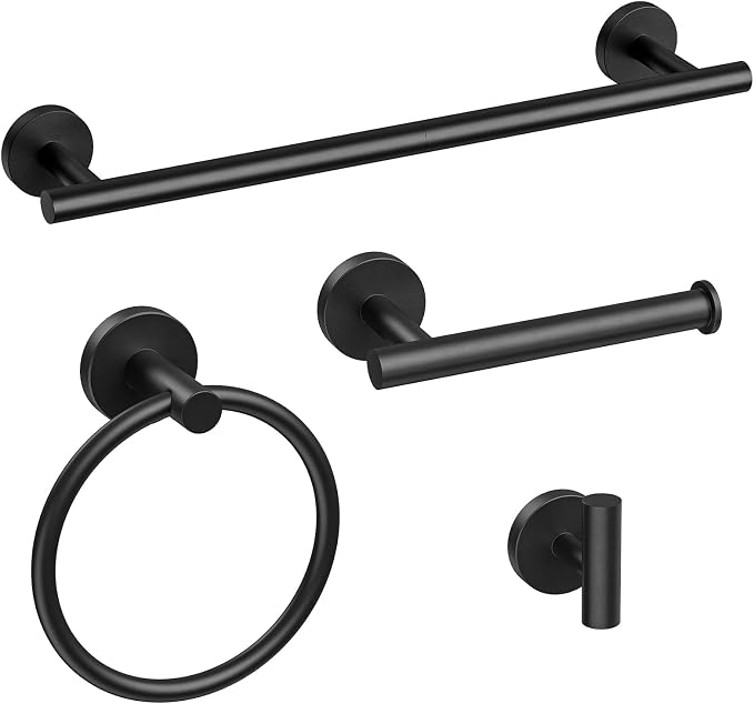 Bathroom Hardware Set, 18 Inch Matte Black Towel Bar Set, 4-Piece | Wall Mounted Bathroom Accessories, Towel Racks for Bathroom, Modern Towel Holder Set, Durable SUS304 Stainless Steel