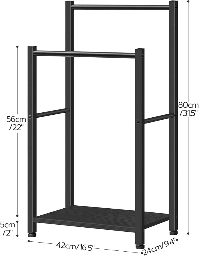 HOOBRO Free Standing Towel Rack for Bathroom, 16.5" L x 9.4" W x 31.5" H, 2 Tier Blanket Rack, Blanket Holder, Drying and Display Rack with Shelf, Black BB02LB01