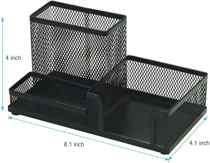 2-Piece Desk Pen & Pencil Organizer - Mesh Metal Pen Cup with Sticky Notes Holder, Black | Pen Cup