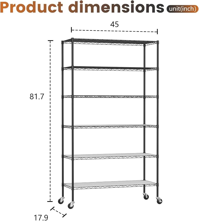 FDW | 6-Tier Wire Storage Shelves with PP Shim | 45"x18"x82" Wheels | Black | Adjustable Racks | Heavy-Duty Metal Shelf, Holds Upto 2100 lbs | Tool-Free Assembly, Rust-Resistant | for Home & Garage