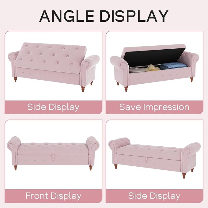 NIOIIKIT 63'' Storage Ottoman Bench, Tufted Entryway Bench Pink Velvet | Button Tufted End of Bed, Large Storage Space, Rolled Armed Ottoman Couch Long Bench for Bedroom, Living Room, Hallway