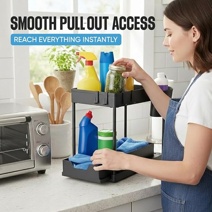 Undersink Organizer, 2-Tier Under Sink Storage Rack with Sliding Drawers for Kitchen Bathroom Cabinets, Pull Out Organizer for Pantry, Laundry Room & Closet Organization - 2 Pack, Black